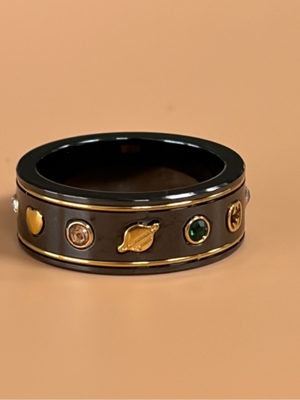Monogram Black Ceramic Ring with Multicolor Crystal Accents NWOT 7